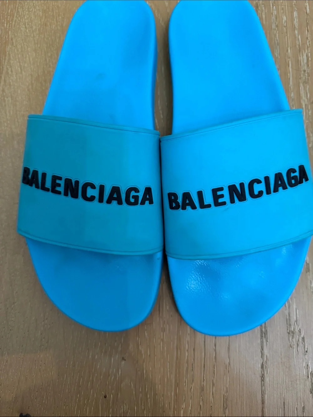 Balenciaga Turquoise Slide Sandals with Black Logo
